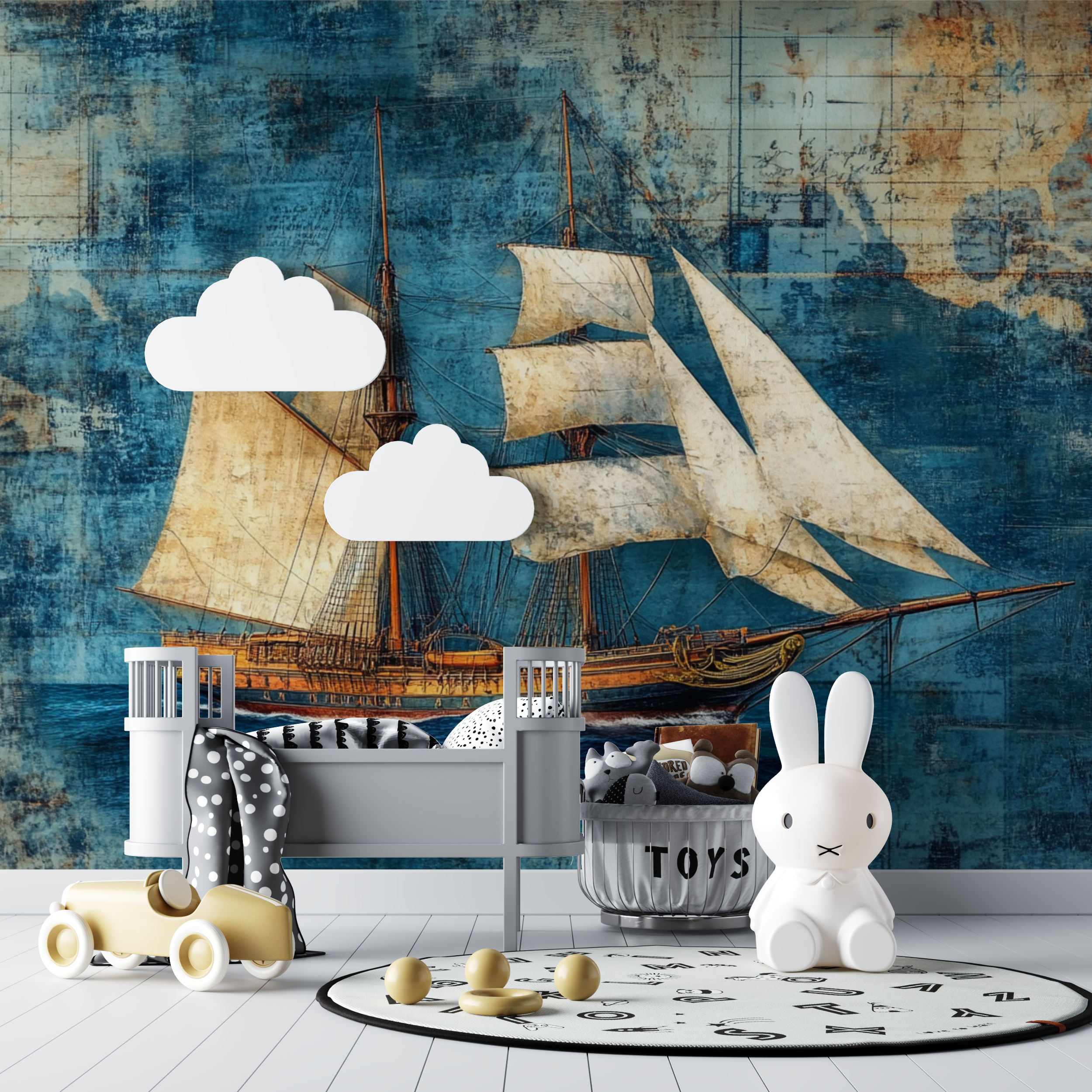 Papier peint marin voilier retro bebe tipi