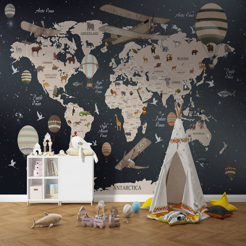 World Map Wallpaper <br/> Black Planisphere and Plane