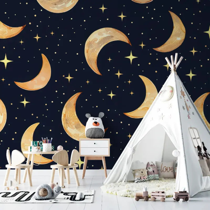 Papier peint bébé bleu roi lune - bebe tipi