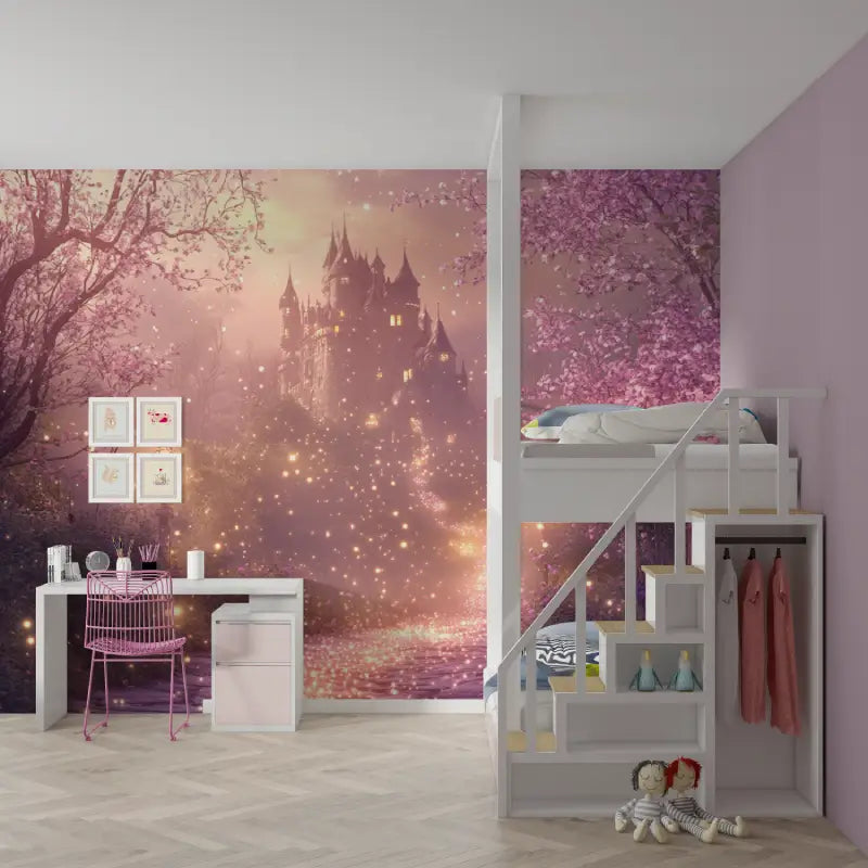 Papier peint chateau rose de nuit mur chambre fille