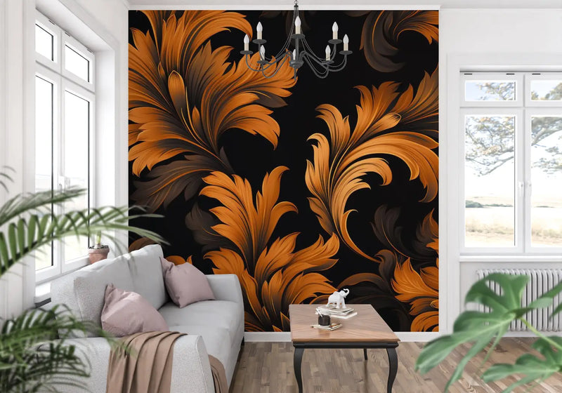 Papier Peint Fleur Orange Et Noir - trompe l'oeil