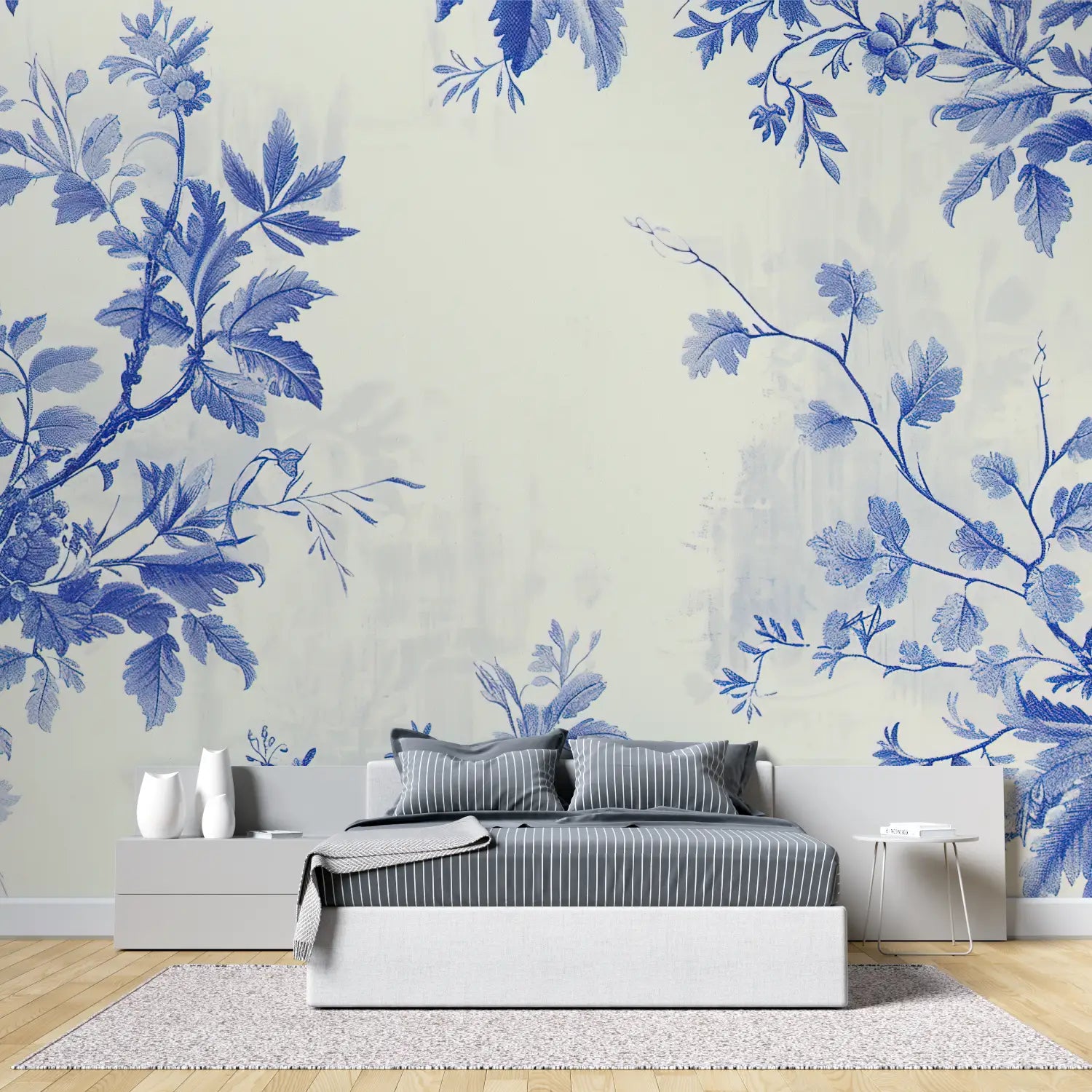 Papier Peint Fleuri Vintage Bleu Et Blanc - chambre adulte