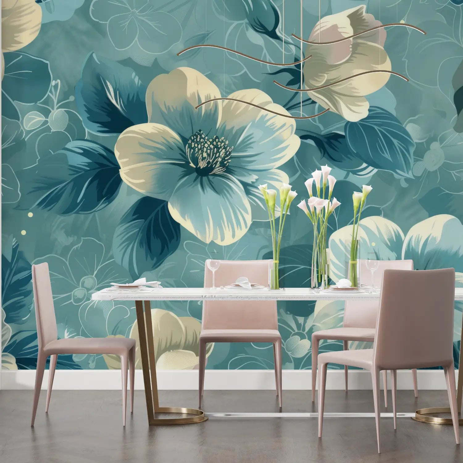 Papier Peint Floral Bleu Canard - chambre adulte