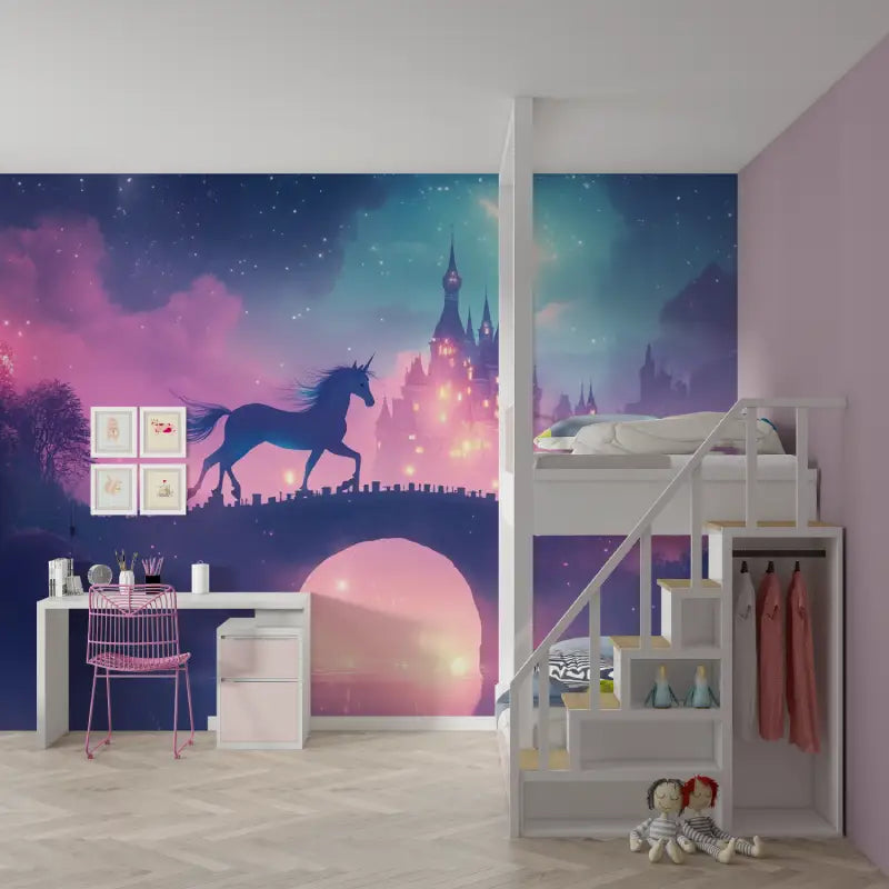 Papier peint licorne arc et chateau mur chambre fille