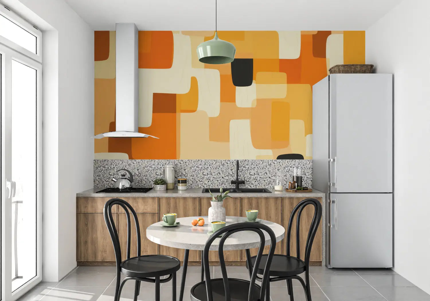 Papier Peint Orange Graphique - mur cuisine