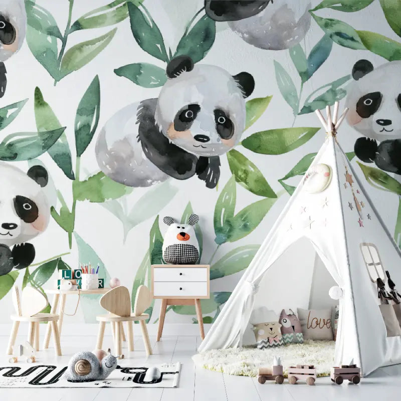 Papier peint Pandas ludiques bébé - bebe tipi