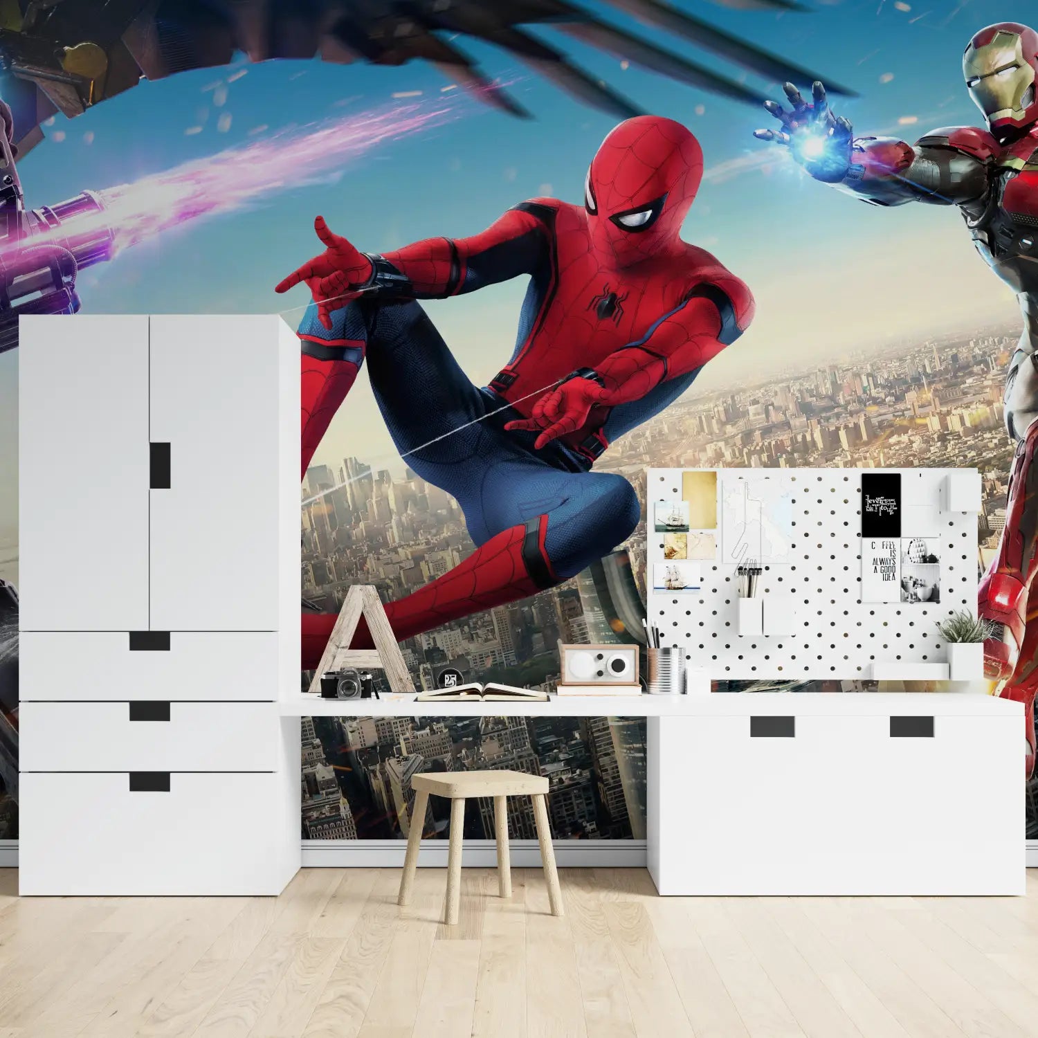 Papier Peint Spiderman Homecoming - chambre garçon lit