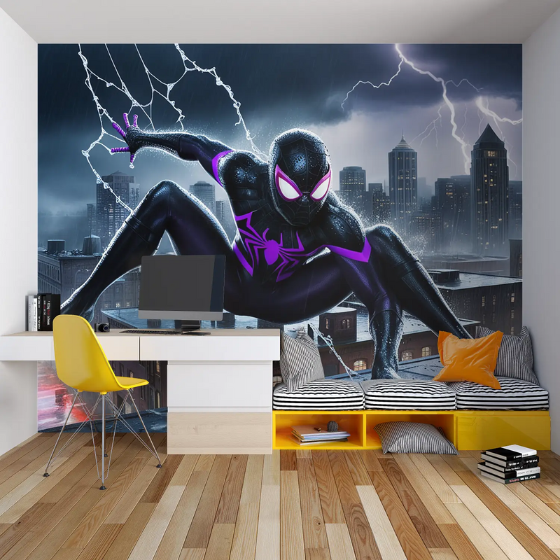 Papier Peint Spiderman Violet - chambre garçon lit