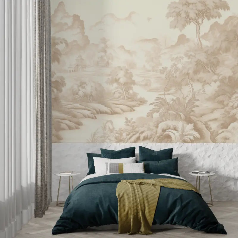 Papier Peint Toile De Jouy Beige - trompe l'oeil