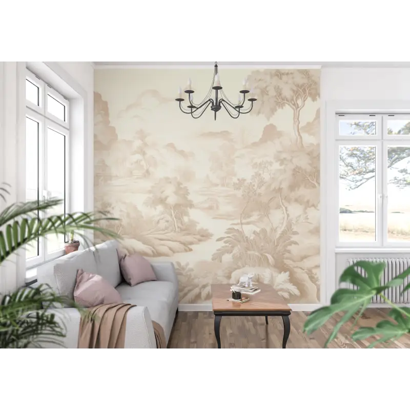 Papier Peint Toile De Jouy Beige - panoramique-mur