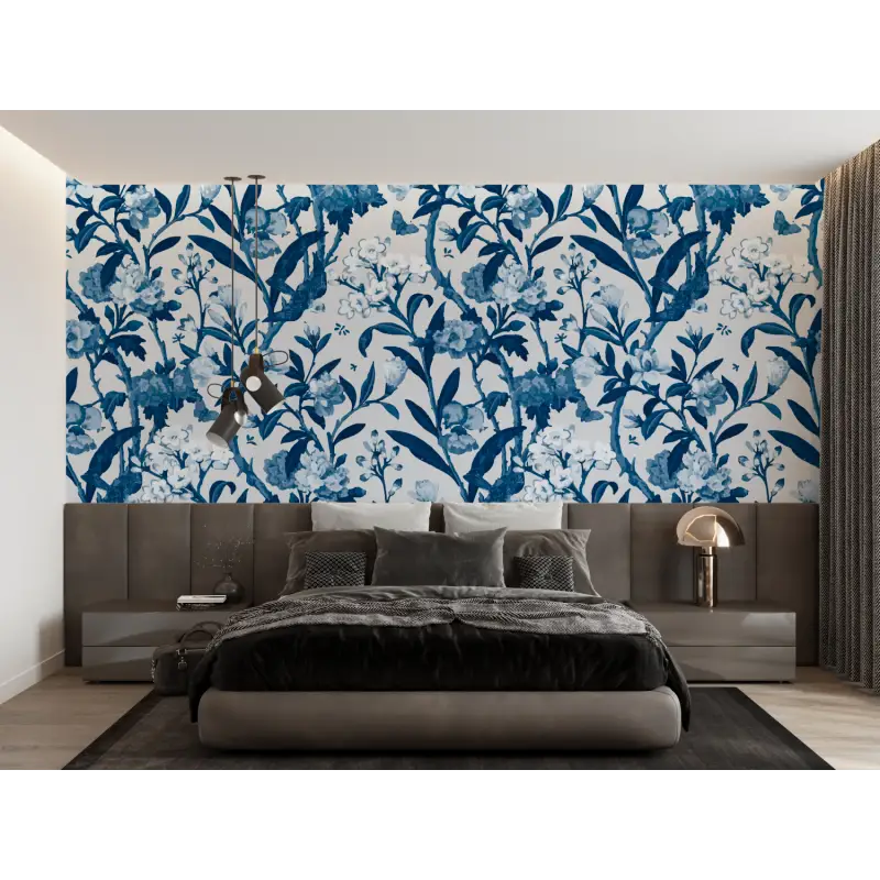 Toile De Jouy Wallpaper Blue Flowers - Second Image