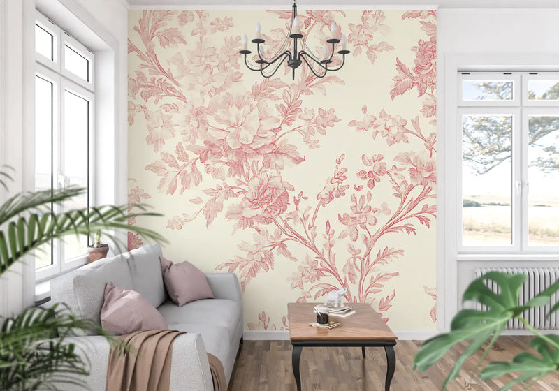 Papier Peint Toile De Jouy Fleurs Rouge - panoramique tendance