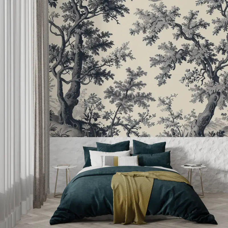 Papier Peint Toile De Jouy Noir Et Beige - trompe l'oeil