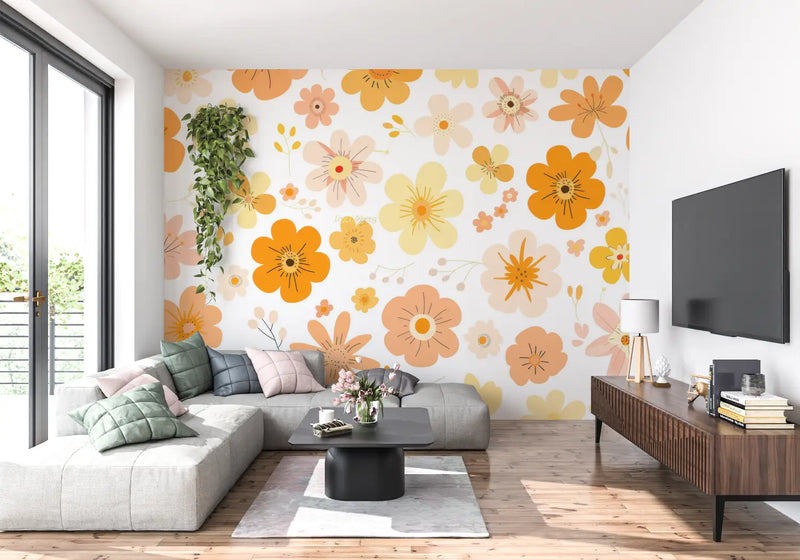 Papier Peint Vintage Fleurs Orange - tendance mur